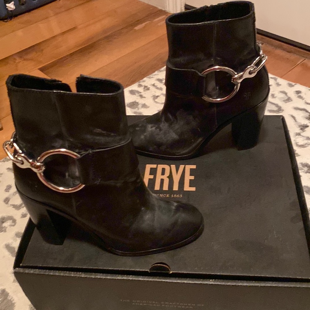 Frye black leather booties with silver buckle
